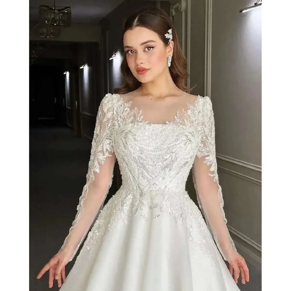 Luxury Long Bridal Dress Sleeves A Line Fashion Lace Sequin Applique Customized Zipper Plus Size Beach Garden Wedding Dress 2025