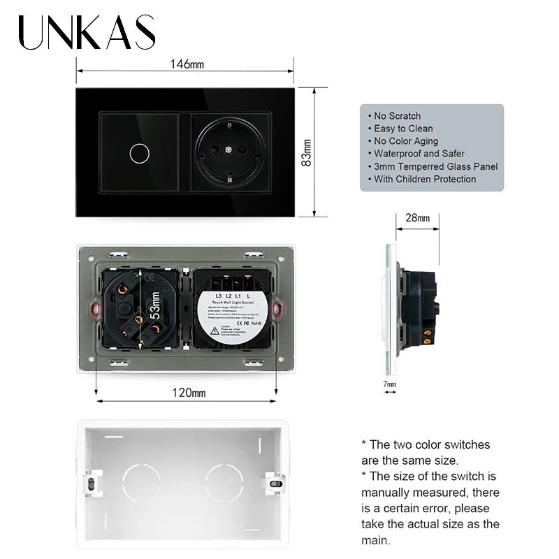UNKAS EU Standard Tempered Black Crystal Glass Panel USB Wall Light Touch Switch DIY Free Combination Sensor Button Outlet