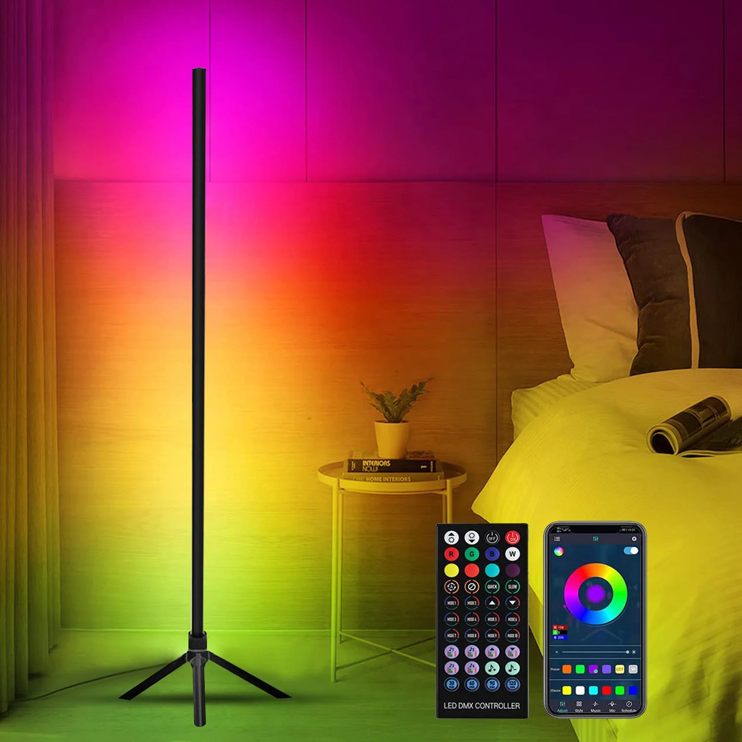 120cm/47.24inch RGB LED Corner Floor Lamp With Remote Control Dimmable Tripod Base Standing Ambient Lamp For Bedroom Gaming Room