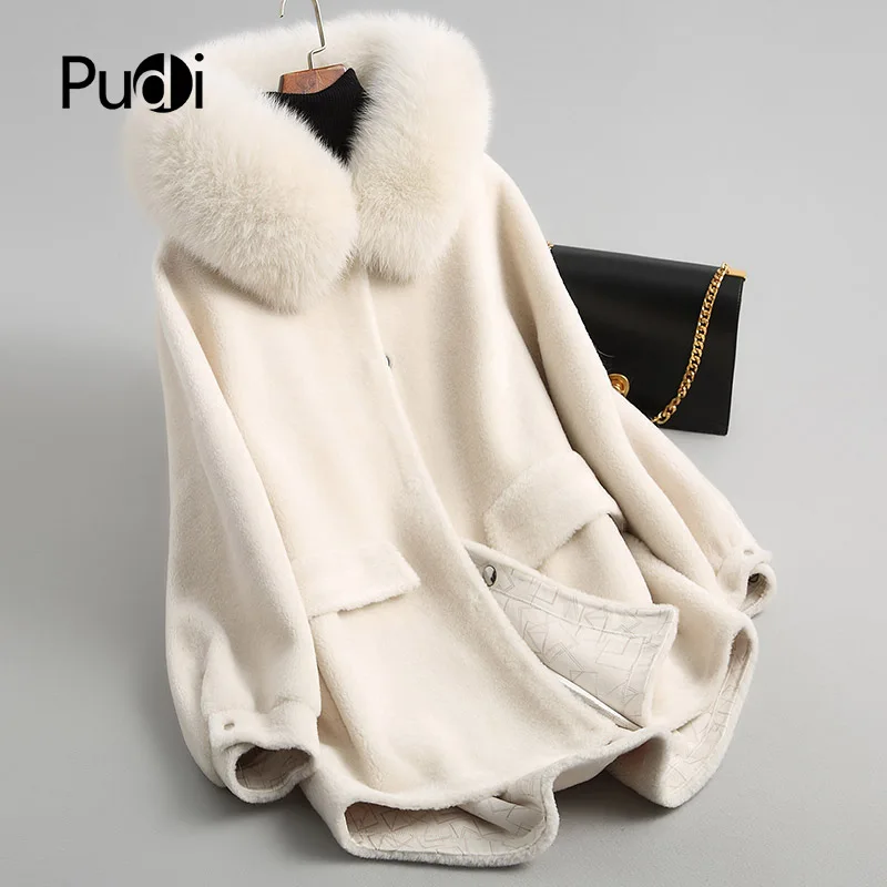 

PUDI Women's Winter Warm Genuine Wool Fur With Real Fox Collar Coat Lady Coat Jacket Over Size Parka Plus Size A18053