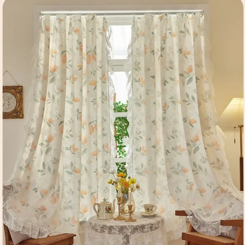 Floral Lace  Curtains Semi-Blackout Living Room Drapes Cotton Linen Bohemian Window Curtain 1 Panels Tassel Beige Rod Pocket