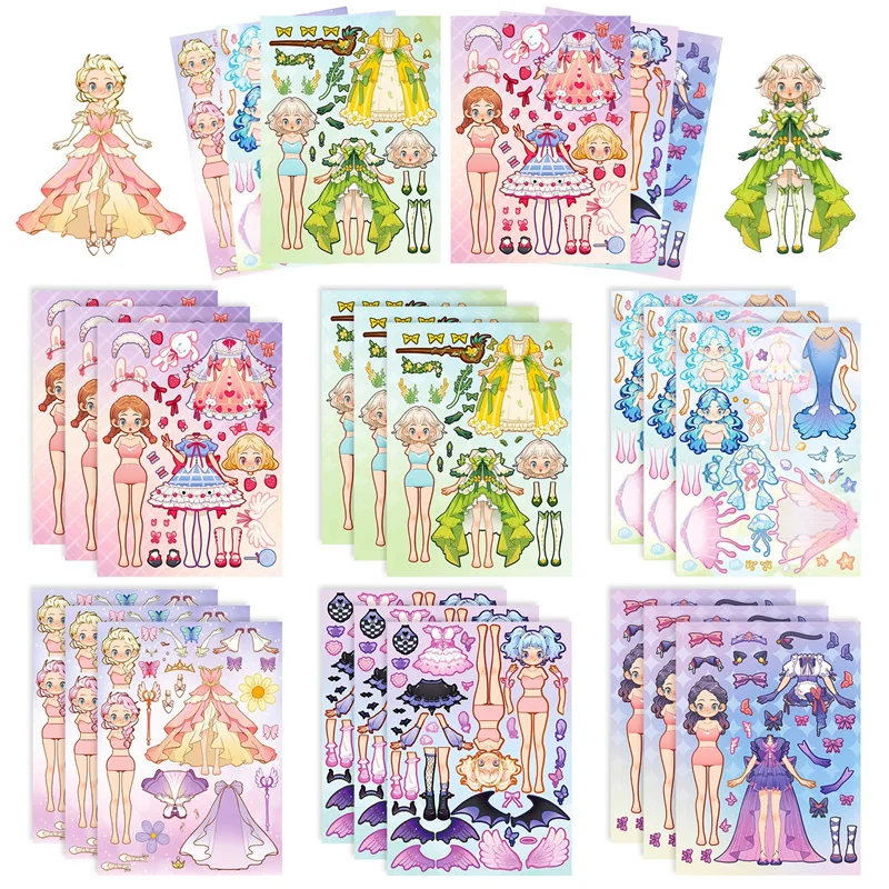 6PCS Princess Costume Puzzle Stickers for Girls' Hearts Fun Dress Up Matching Creative Handbooks Waterproof Stickers
