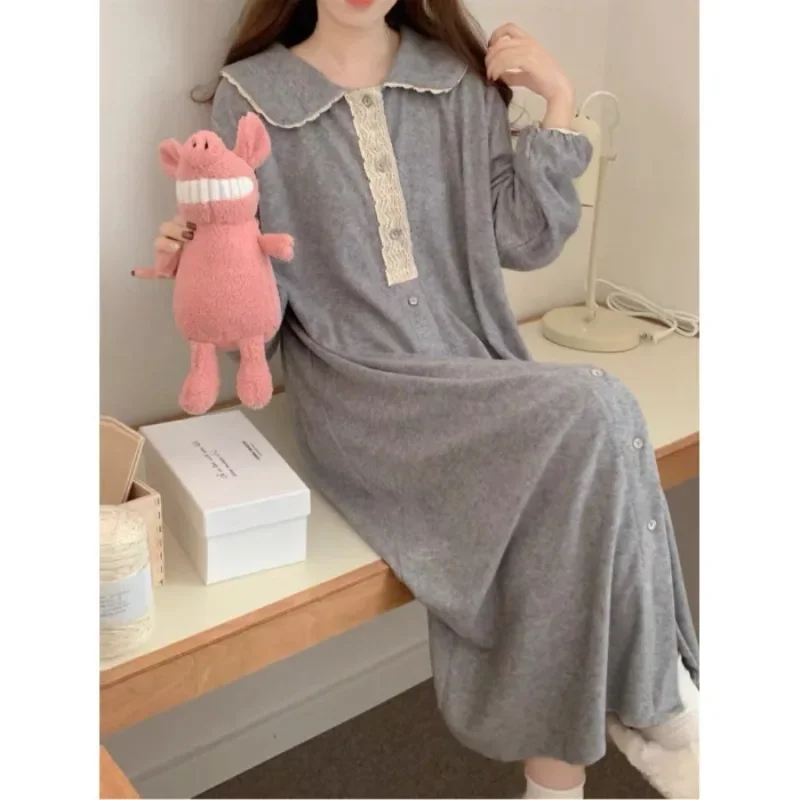 Women Gray Long Sleeve Nightgowns Casual Spring Autumn Loose Nightdress Full Length Elegant Ladies Sleepwear Fashion Loungewear