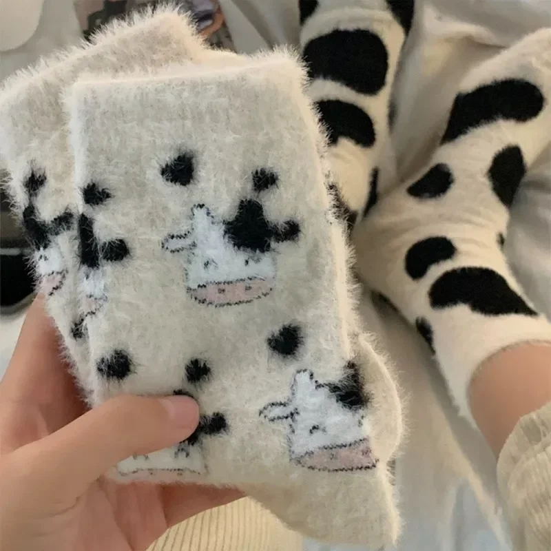 Cow Mink Velvet Socks Winter Women Men Cartoon Soft Comfortable Plush In Tube Sock Thicken Warm Cows Spotted Sock Cute Accessory