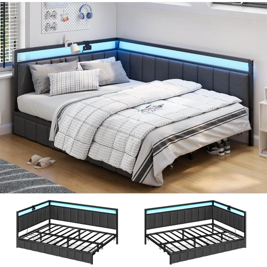 Modern Full Size Corner Bed Frame with Integrated Storage Drawers and Line Fabric Upholstered Headboard Ideal for Bedrooms with