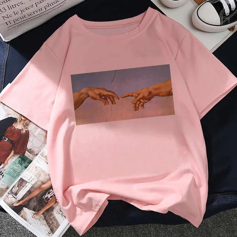 여성용 오버사이즈 티셔츠, 미켈란젤로 프린트, 얼짱 미학 티셔츠, 하라주쿠, 2021 여름, 핑크 드로잉 반팔, O넥 탑