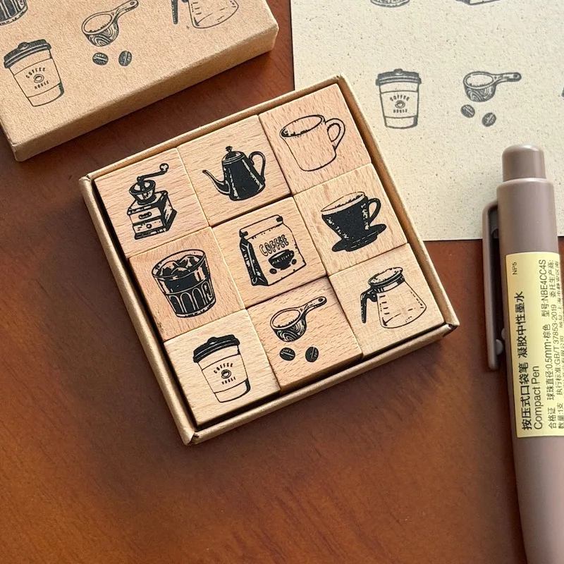 Vintage Coffee Pot Cup Bean Wood Stamp Set for Diary Junk Journal Deco DIY Handicraft Material Scrapbooking Wooden Seal
