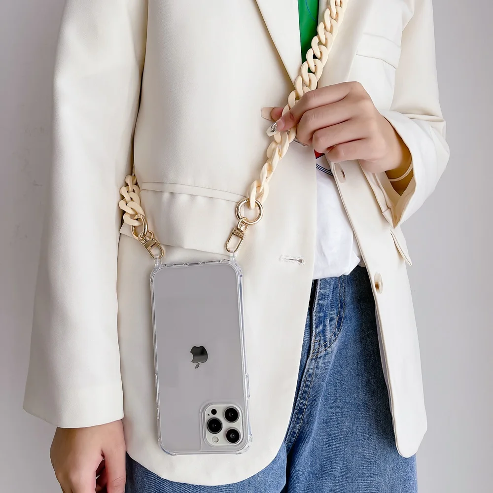 اللون الاكريليك سلسلة Crossbody للصدمات الحبل جراب هاتف آيفون 15 16 برو 13 12 11 14 برو ماكس سلسلة اليد غطاء شفاف