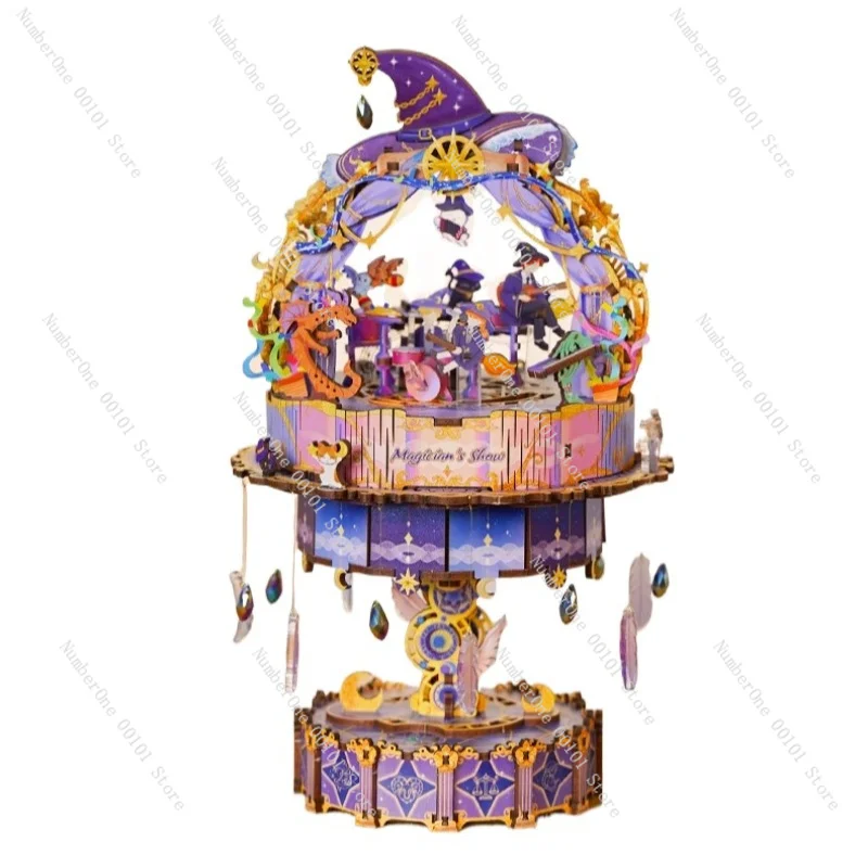 Magician Show Music Box DIY 3D Wooden Puzzle Building Model Kit Mechanical Rotating Handmade Creative Birthday Gift for Girls
