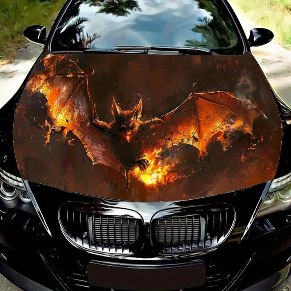 

Виниловая пленка для автомобиля Flying Bats Burned by Flames, водонепроницаемая наклейка на капот автомобиля из ПВХ, самоклеящиеся устойчивые к царапинам наклейки для двигателя