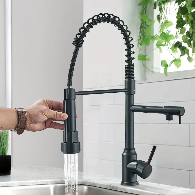 1pc Single Handle High Arc Contemporary Kitchen Faucet, Matte Black&Chrome&Brushed Nickel, with 360° Universal Telescopic Splash