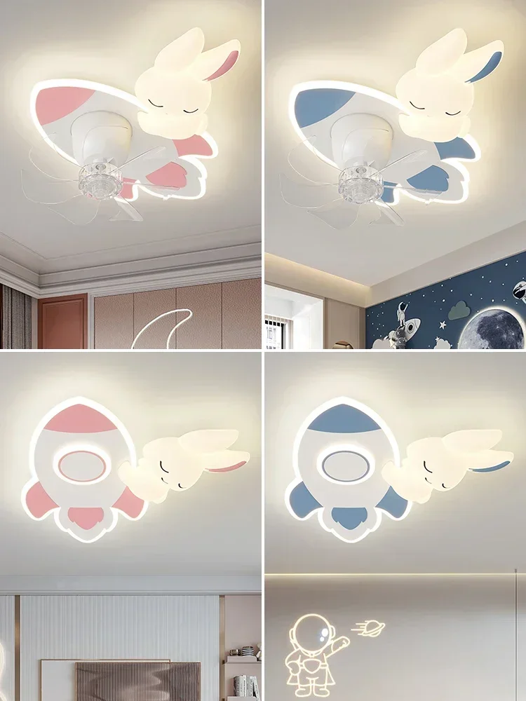 Luz de protección ocular para habitación de niños, cohete de dibujos animados nórdico, conejo, habitación masculina y de niña, ventilador silencioso, luz de techo para dormitorio