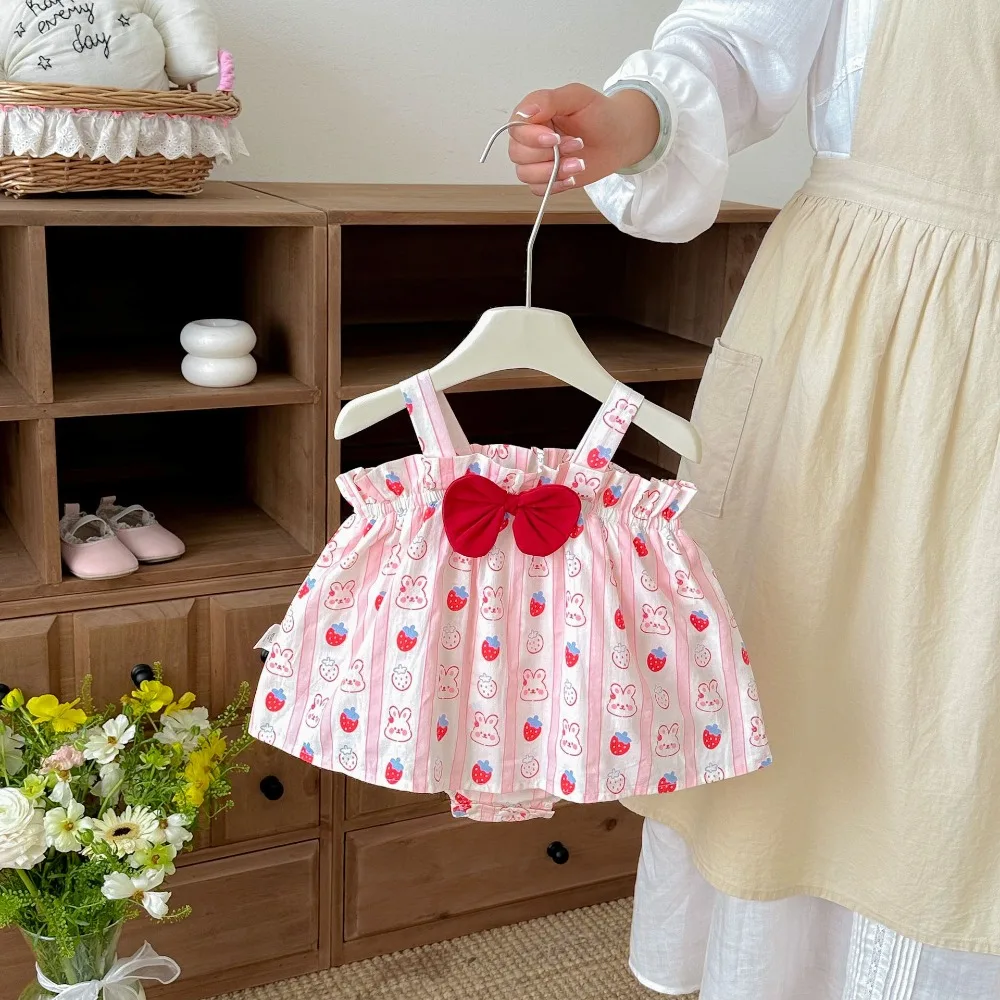 

Cute Baby Girl Dress Romper 0-2Years Newborn Princess Sleeveless Strawberry Rabbit Print Cotton Skirted Bodysuit Summer Clothes