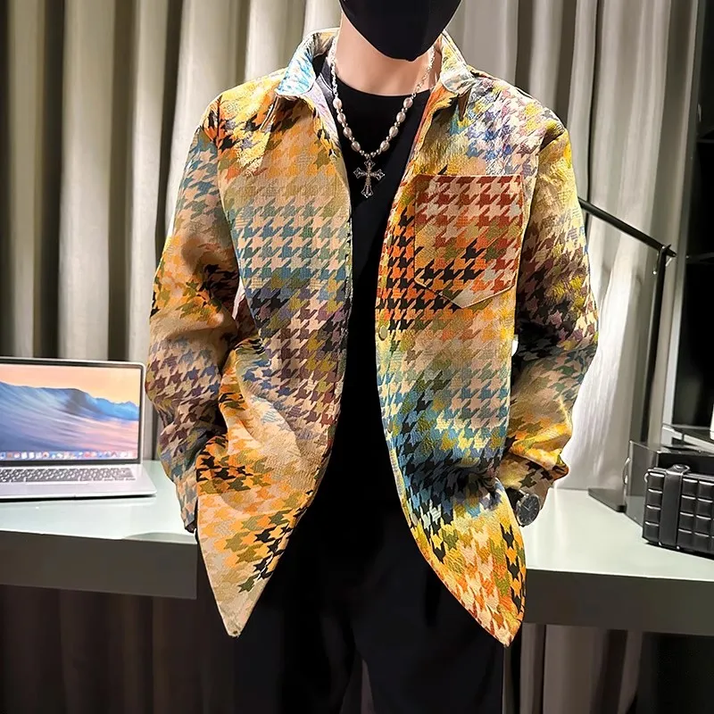 

Повседневная клетчатая рубашка в американском стиле, винтажный цветочный цвет, дизайн в горошек, чувственная куртка, корейская версия, мужское свободное пальто большого размера
