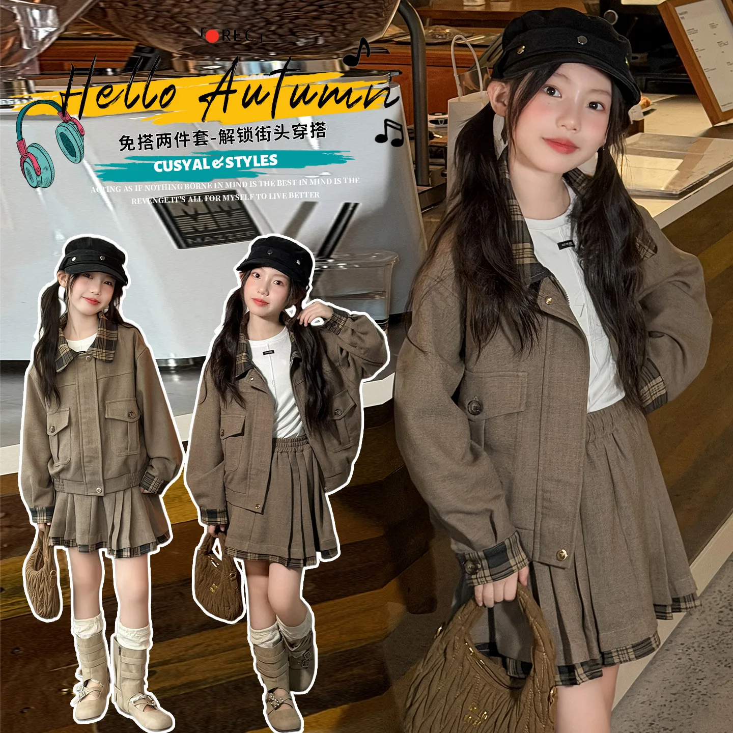 teen girls casual clothes suit grid splicing work jacket+pleated skirt 2pcs junior kid sets outfits coat skirts children clothes