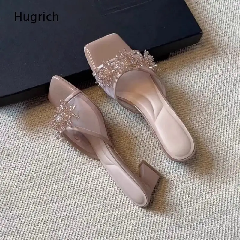 Hugrich Nude Crystal Embellished Mule Heels Women S Square Toe Block Heel Sandals With Sparkling Crystal Decor