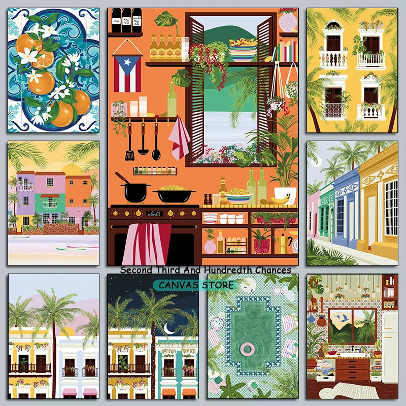 Tropical Venezuela Beach Puerto Rico Moroccan Oasis Venezuela Kitchen Art Illustration Poster Canvas Painting Wall Picture Decor