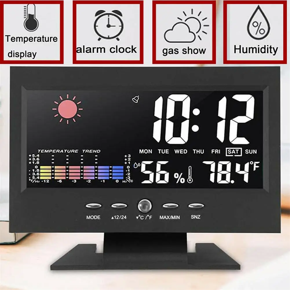 5-in-1 Led sveglia digitale calendario Display meteo termometro Monitor di umidità con funzioni Snooze