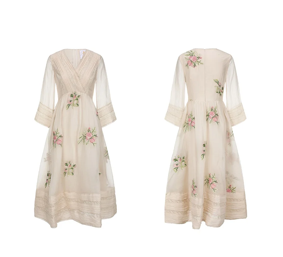 85-95cm Bust Spring Summer Women French Style Slim Empire V-neck Exquisite Full Embroidered Dresses