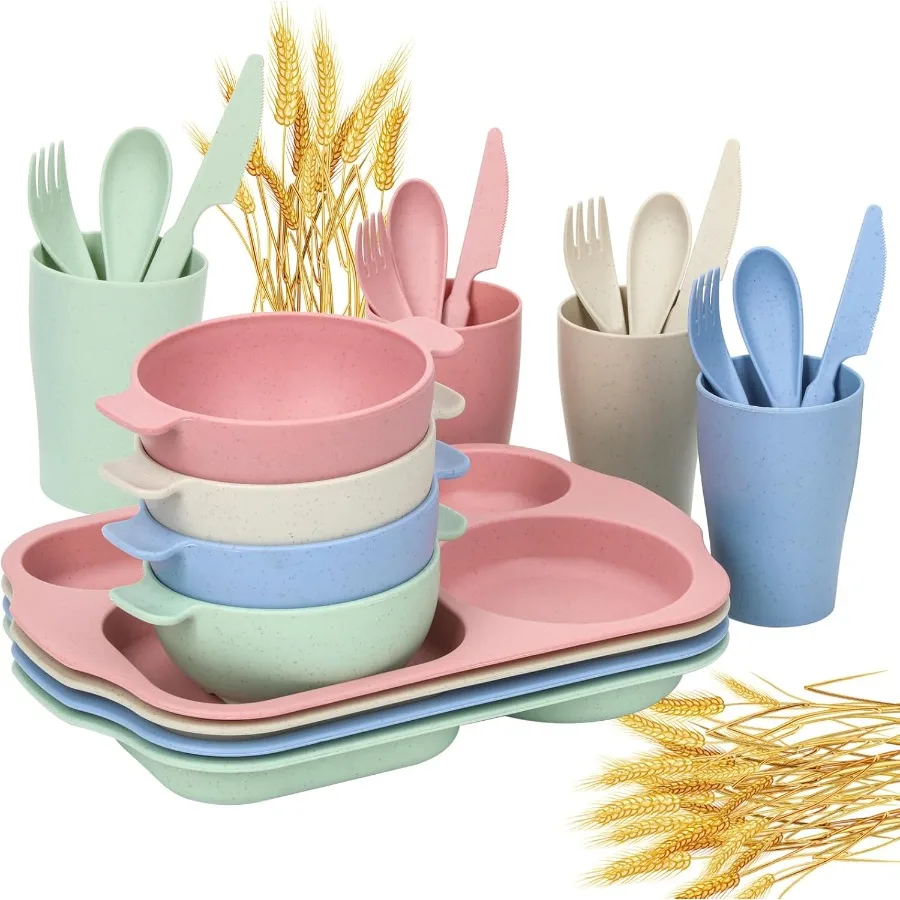24 PCS Wheat Straw Dinnerware Set for Toddler Plate Bowl Cup Sets Unbreakable BPAFree Tableware Set with Divided Plate Microwav