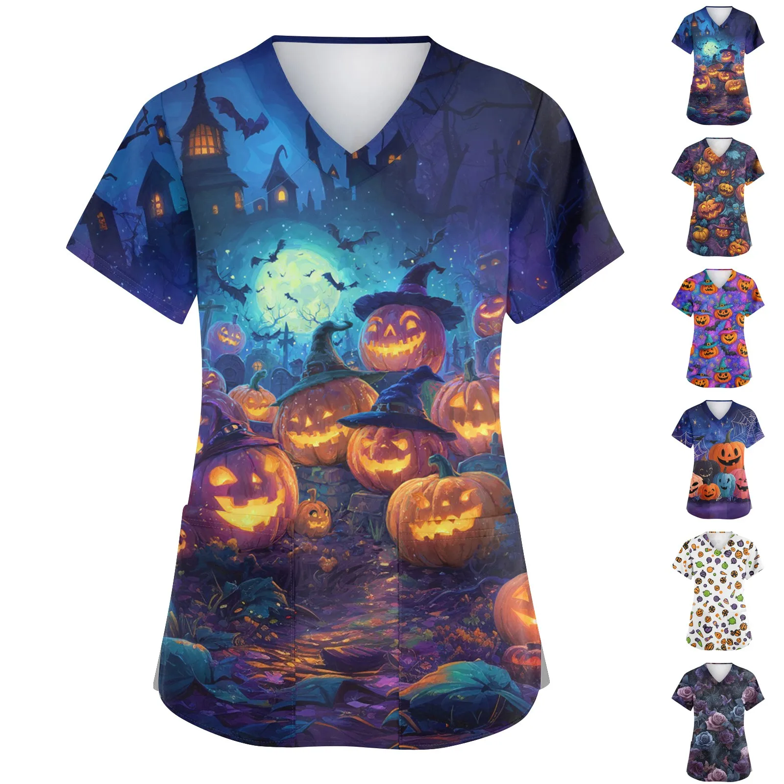 

Женская дышащая рабочая рубашка для медсестры с мультяшным принтом на Хэллоуин, модная повседневная рабочая карманная медицинская рубашка для медсестры, скрабы для медсестры