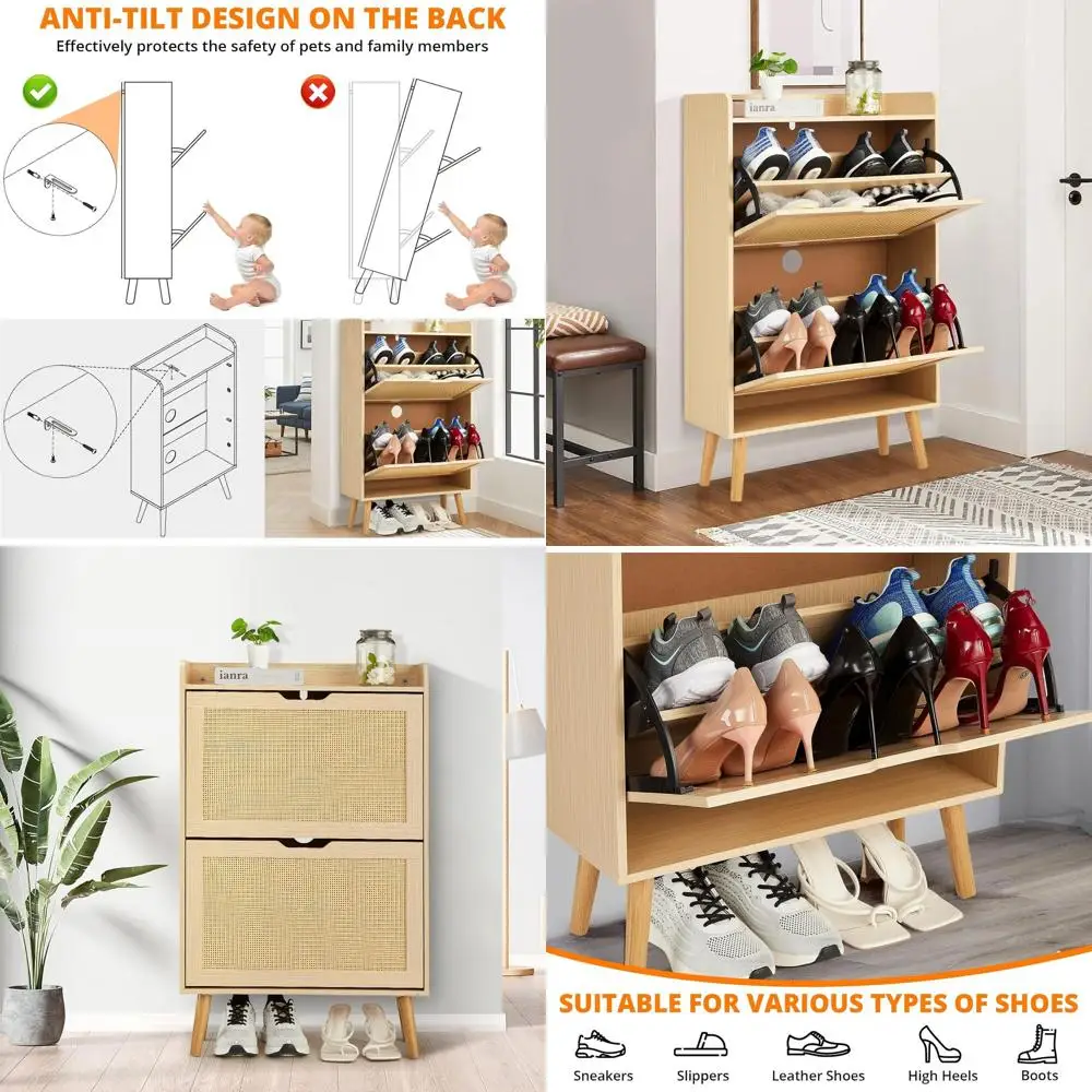 

Rattan Lip-Edge Shoe Cabinet with Anti-Tip, 12-15 Pair Storage for Entryway, Hallway