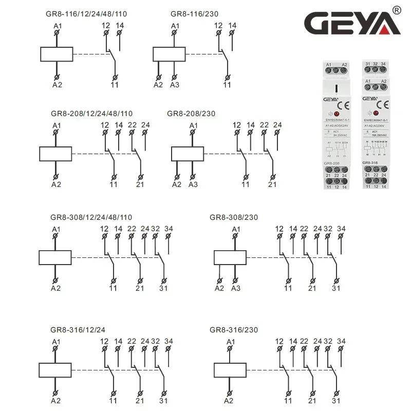 GEYA GR8  Intermediate Relay AC/DC12V 24V 48V 110V AC230V Auxiliary Relay 8A 16A 1SPDT 2SPDT 3SPDT Electronic Relay Switch
