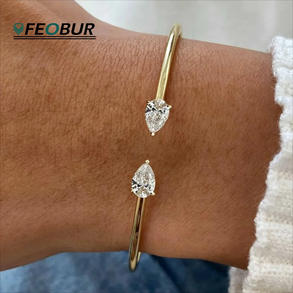 Gold Color 2Cttw Pear Cut Moissanite Open Bangles for Women Solid 925 Silver Two Stone Waterdrop Diamond Cuff Bracelet Jewelry
