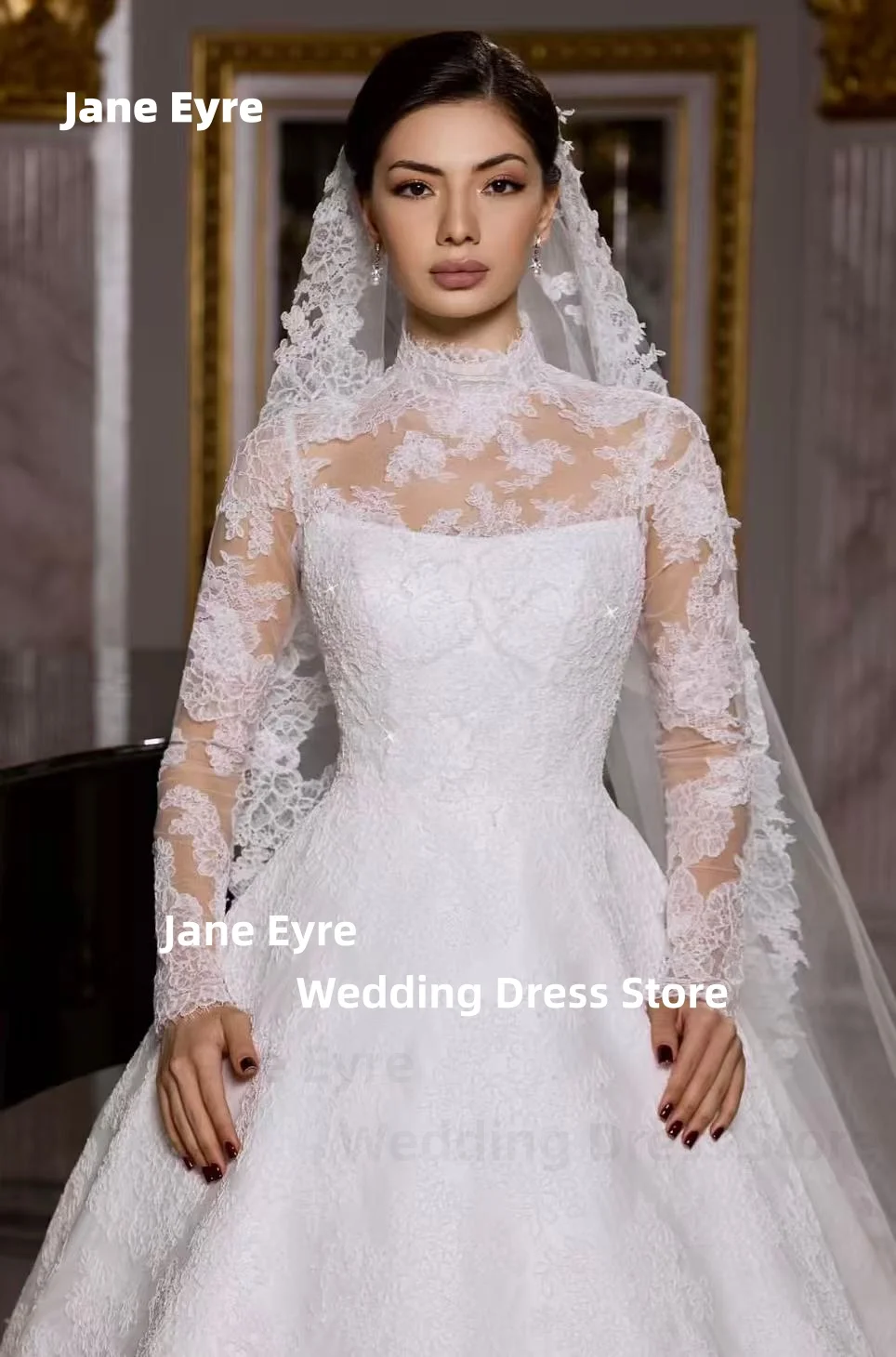 Jane Eyre Vestido de noiva elegante de alta qualidade com renda branca, mangas compridas, vestido de baile vintage, vestidos de noiva personalizados