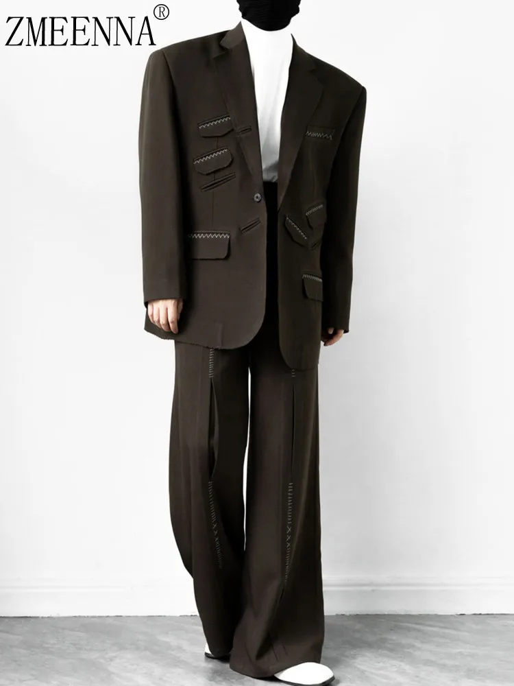 

ZMEENNA женский костюм оверсайз, пиджак, широкие брюки, повседневная одежда из двух предметов, коричневый ZM4332