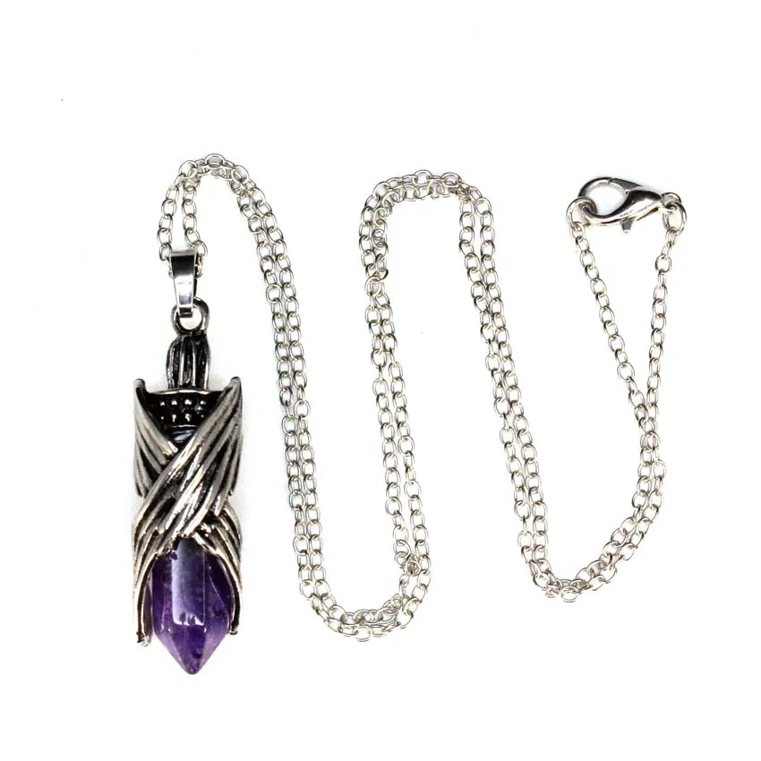 Crystal Archangel Angel Necklace Natural Amethyst Lapis Lazuli Hexagon Prism Tiger Eye Stone Pendant Silver Color Chain Jewelry