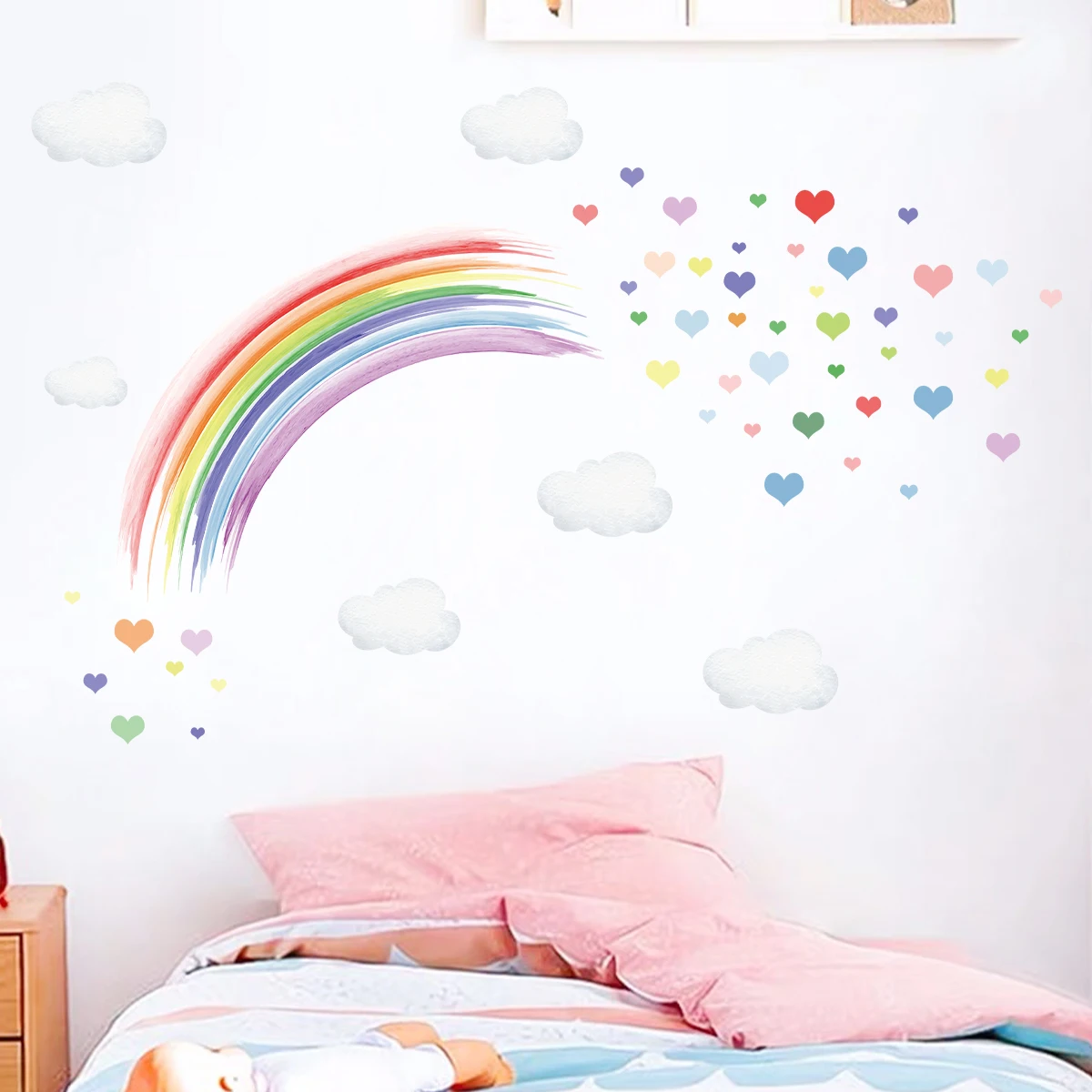 1Pc Watercolor Cartoon Rainbow Multi-color Heart Pattern Wall Stickers for Kids Room Bedroom Decoration Wall Decals Home Decor