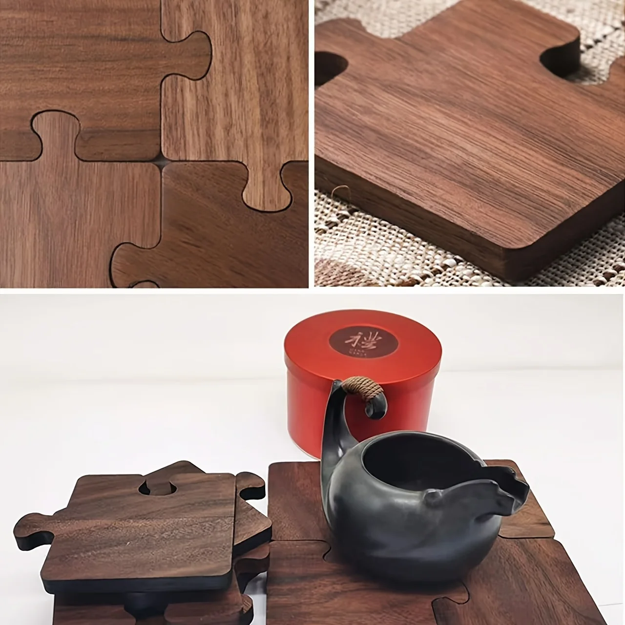 1 Set (4pcs) Vintage Wooden Puzzle Coasters with Insulated Bottoms, Suitable for Office Desks, Bars, and Home Halloween