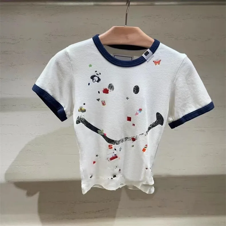 

2025 summer new small white printed short-sleeved T-shirt slim round collar blouse women tshirt