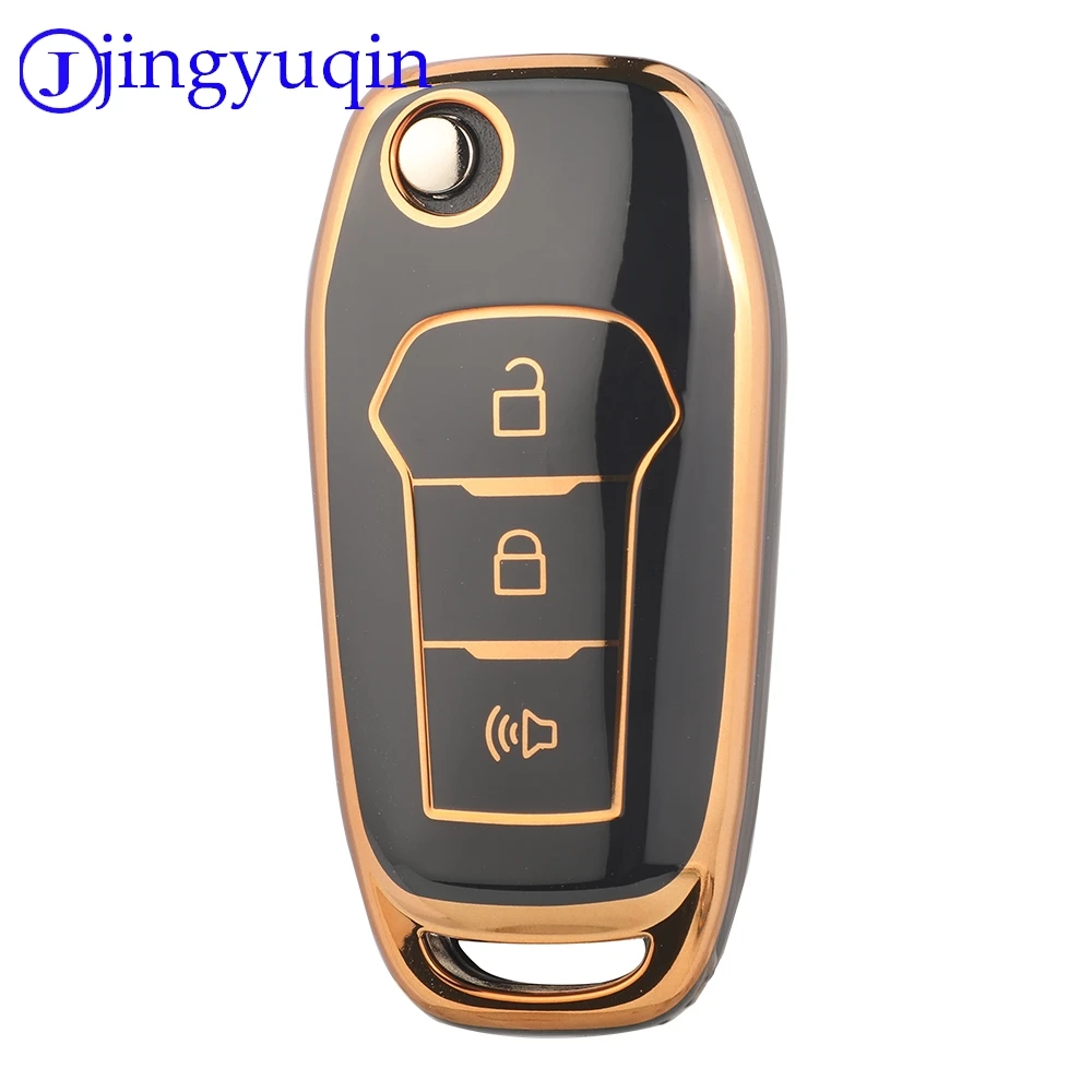 Jingyuqin TPU-Auto-Fernbedienungsschlüssel-Schutzhülle für Ford 3-Tasten, glänzende Oberfläche, Goldrand, schwarz, weiß, grau, sicher, langlebig
