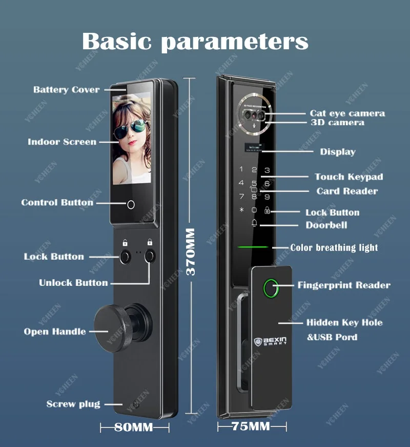 Israel Tuya Wifi App Electronic Door Lock 3d Face Fingerprint Recognition Video Intercom Smart Digital Lock Key Card Hebrew Lock