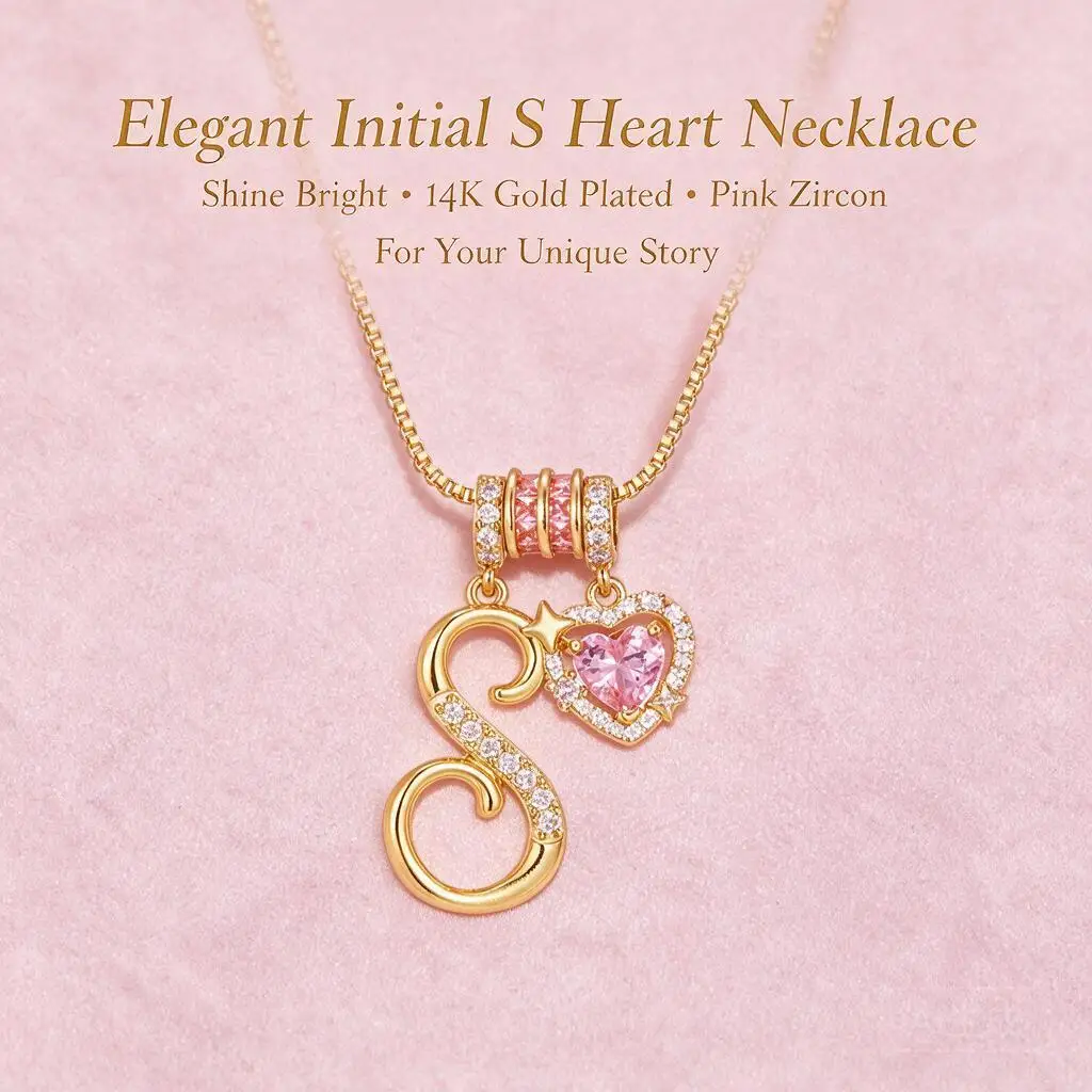 A-Z Initial Letter Necklace For Women Sparkling Pink Heart Zircon Dainty Copper Box Chain Gold Silver Personalized Ins Jewelry