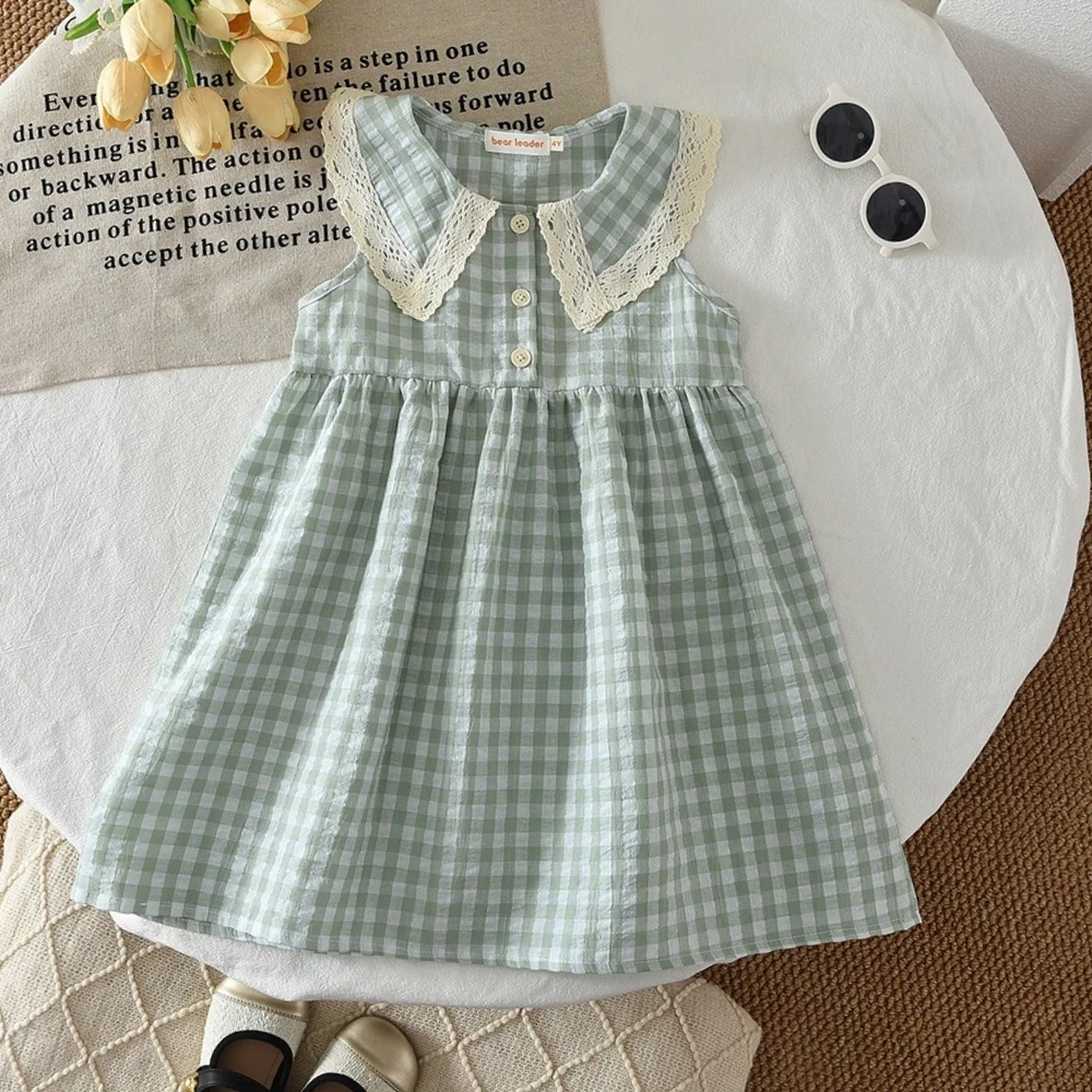 Casual Countryside Style Summer New Lace Lapel Sleeveless Plaid Dress for Girls Sweet Clothes Korean Version