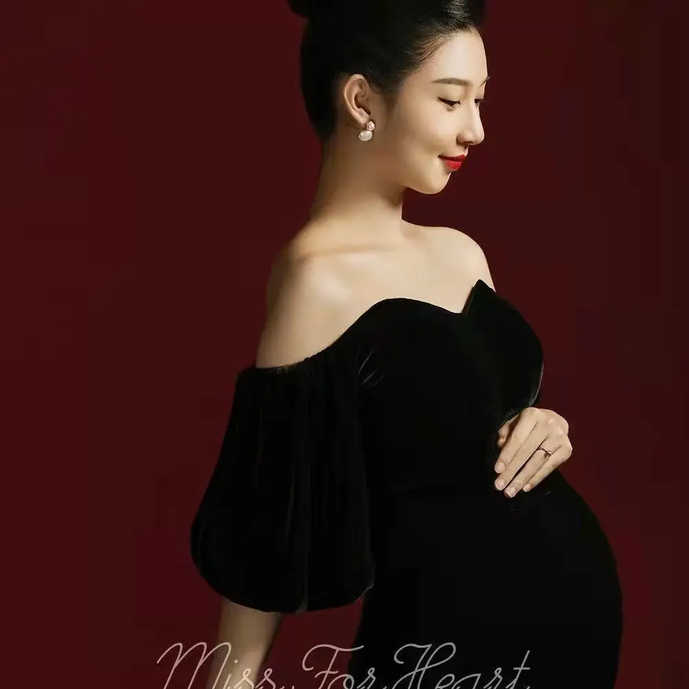 New Photo Studio Photography Maternity Clothing Mommy Photography Clothes Stretch Fabric Black Mid-length dress