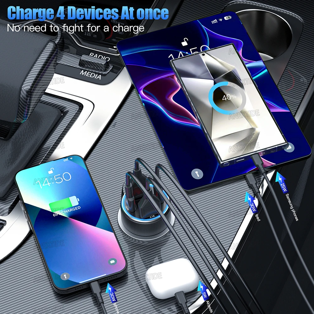 USB C Car Charger 4 พอร์ต Car Charger Adapter พร้อม LED Voltmer, อลูมิเนียมอัลลอยด์รถบุหรี่ไฟแช็ก USB Charger