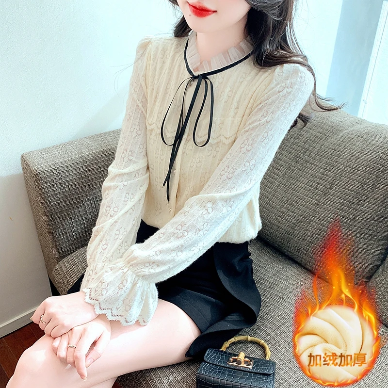 

Standing collar lace shirt for women in autumn and winter 2023, new plush and thickened lining shirt, long sleeved top T-shirt