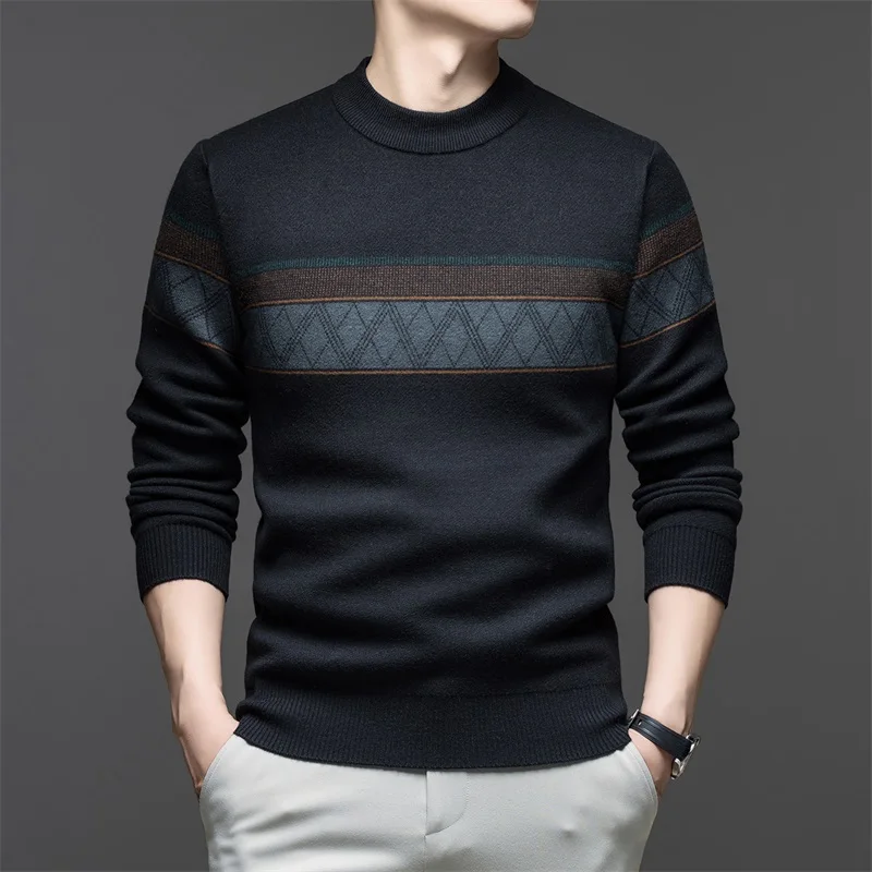 

Men's Winter Knitted Sweater Overhead f High Collar Stand Stripes Soft Comfortable Long Sve Busin Casual Warm Top