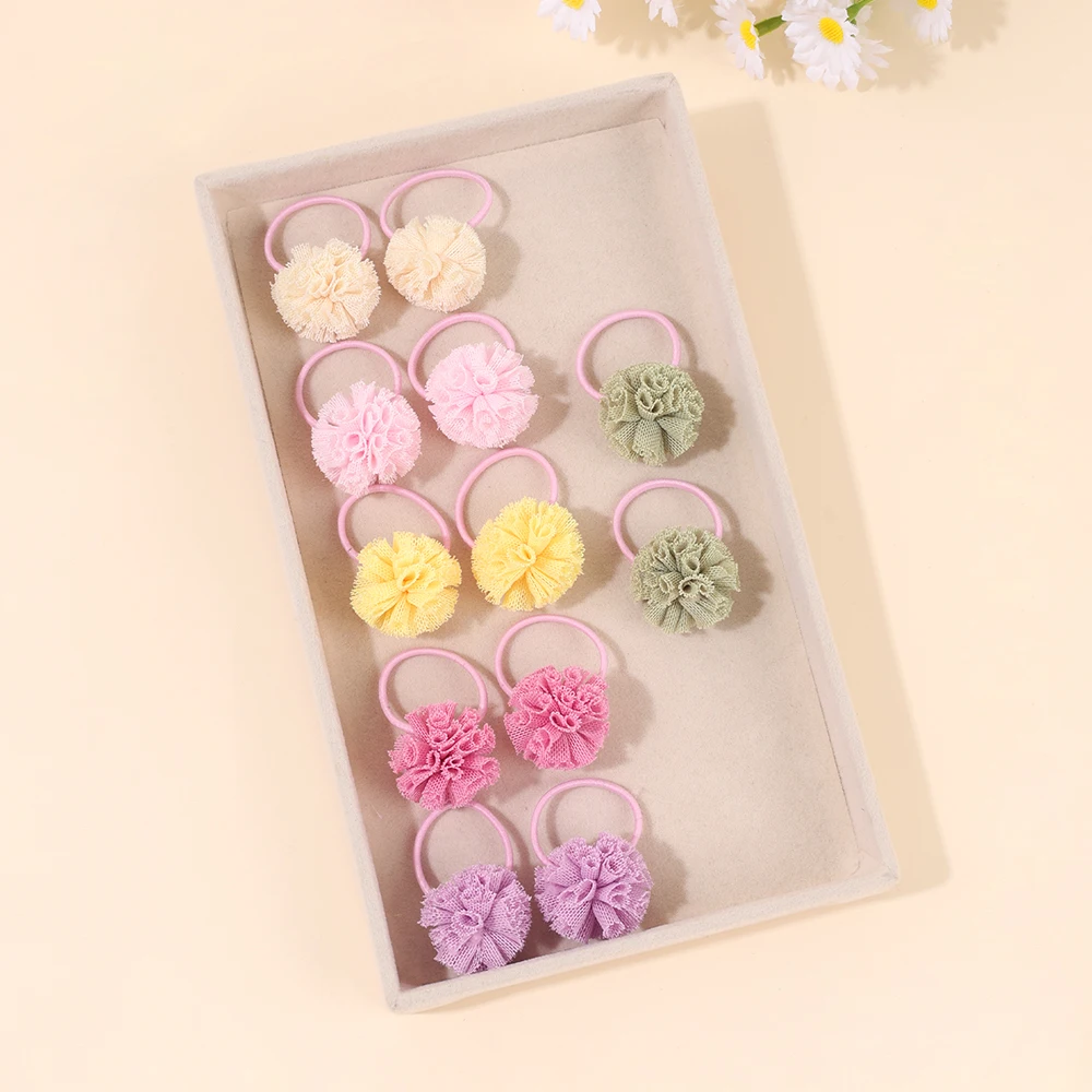 12 pçs malha bola faixas de cabelo para meninas mini dopamina cor tull bola laço de cabelo scrunchies crianças headwear acessórios para o cabelo