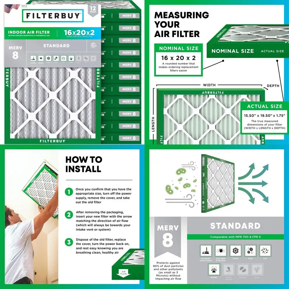 

Комплект из 12 плиссированных воздушных фильтров MERV 8, 16x20x2, замена пылезащитной системы печи HVAC AC
