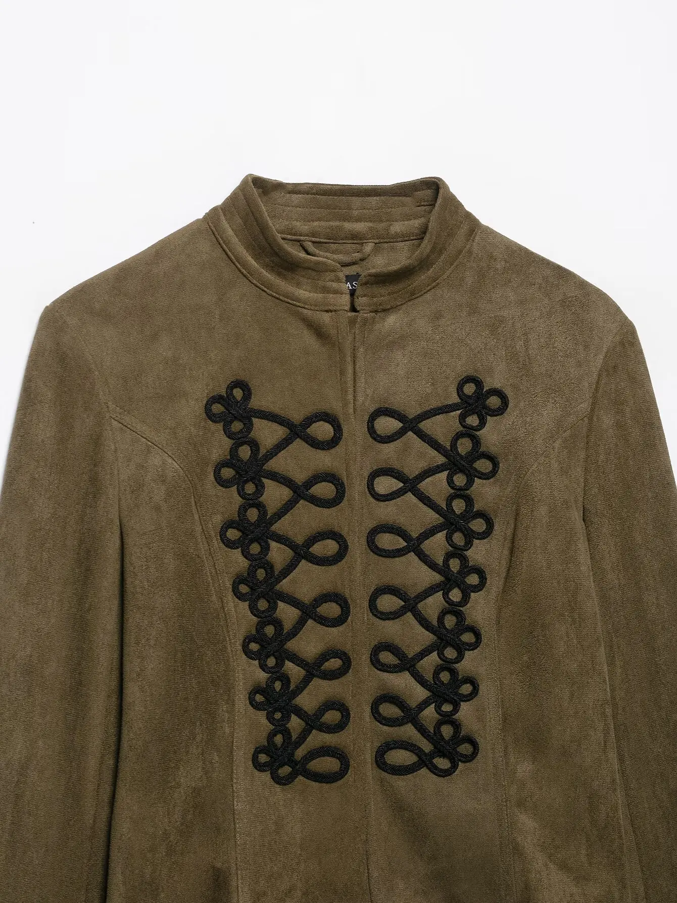 2026 Neue Damen Wildleder Kurzjacke Stehkragen Handgemachte Knotenstickerei Schlanke Passform Langarm Mode Retro Damen Oberbekleidung – Detail 6