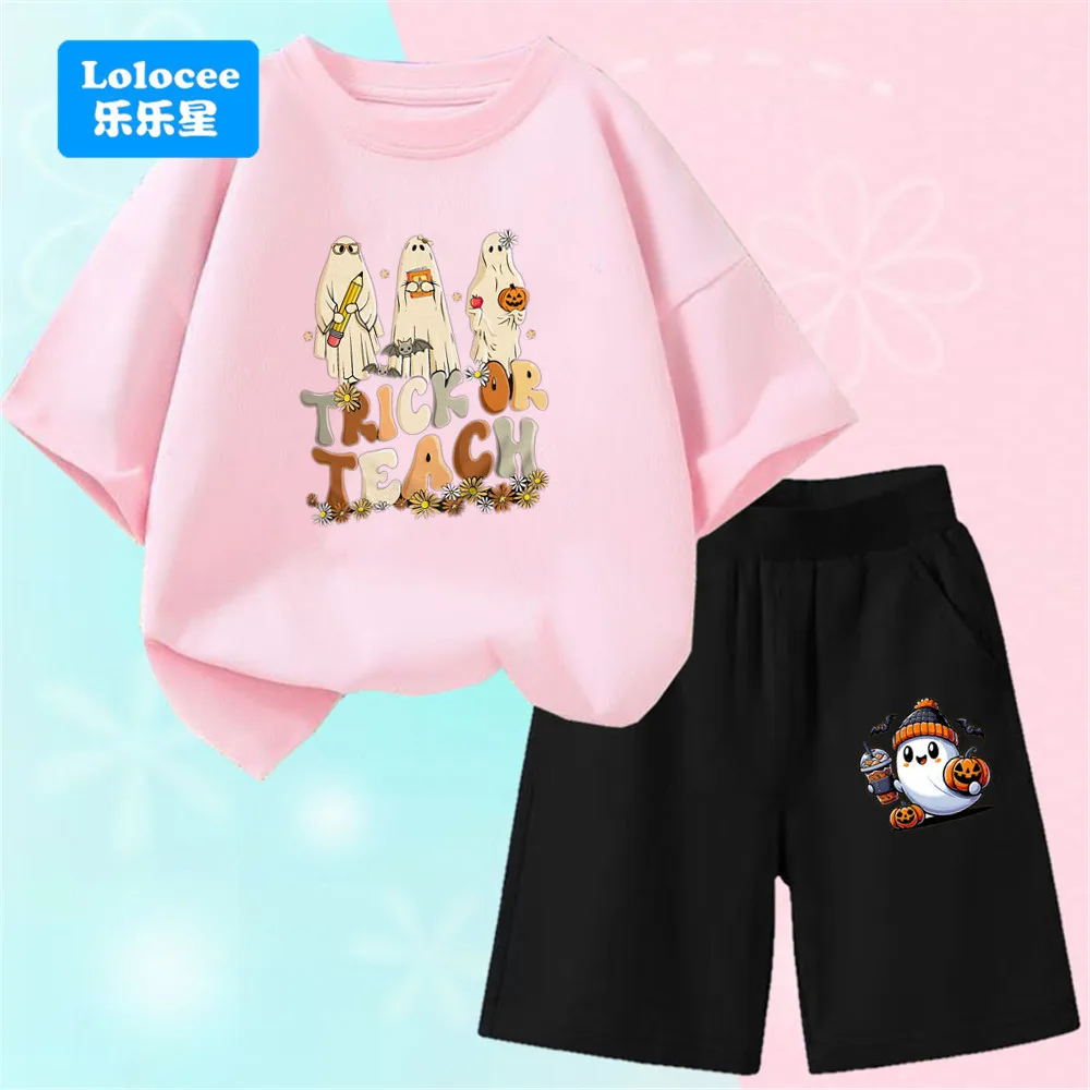 

2025 Kids' Halloween Outfit Set, Trick or TeachGhost Print T-shirt+Shorts Suits, Cute Children's Casual Two Piece Set WSJYL1