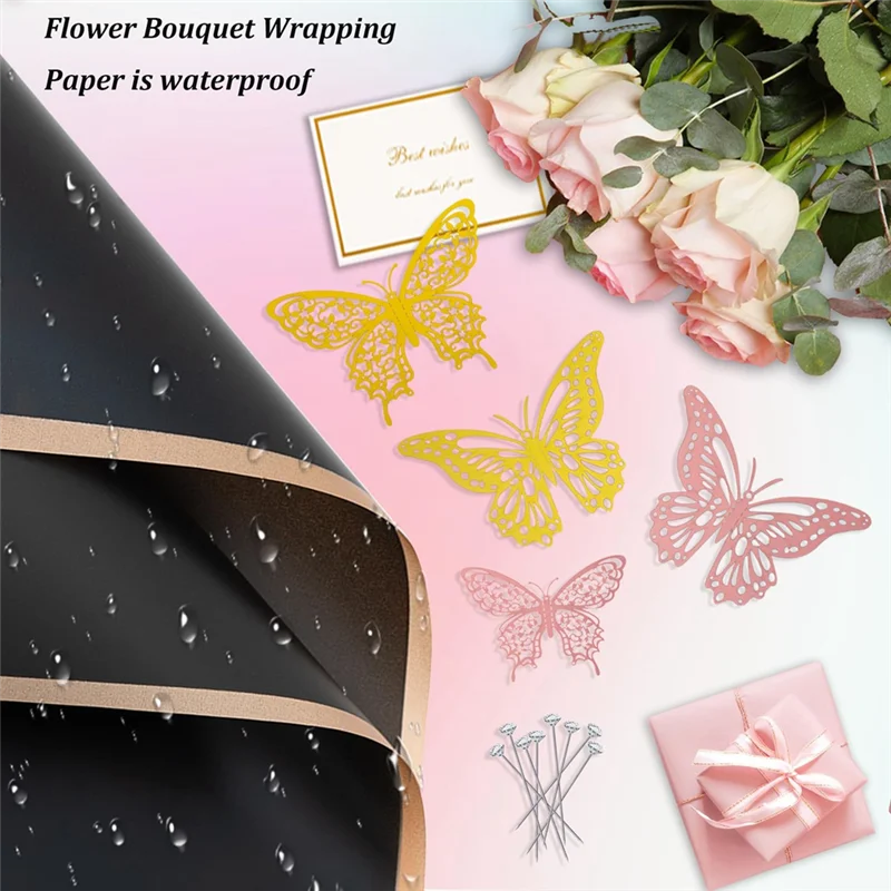 A59E-200Pcs Flower Wrapping Paper Kit, 40 Sheets Waterproof Flower Wrapping Paper, Black & Pink Floral Bouquet Wrapping Paper