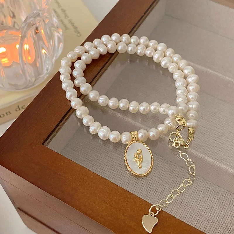 Minar Textured 100% Real Freshwater Pearl Choker Necklaces for Women White Color Shell Tulip Coin Pendant Necklace Daily Jewelry