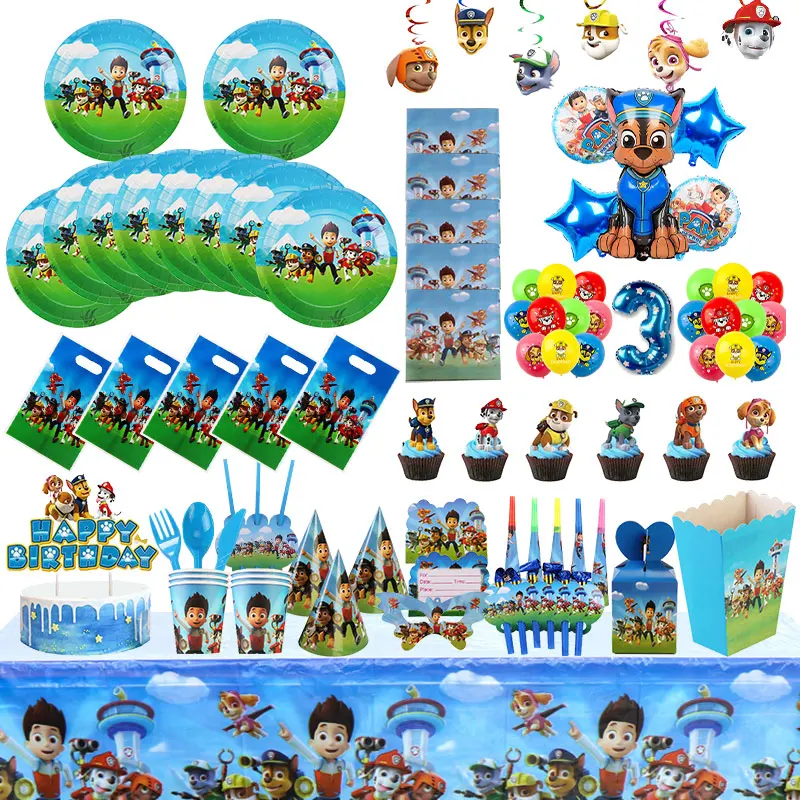 Paw Patrol Birthday Decoration Party Tableware Set Tablecloth Cup Plate Event Supplies Balloons Set Banner Background Kids Gift