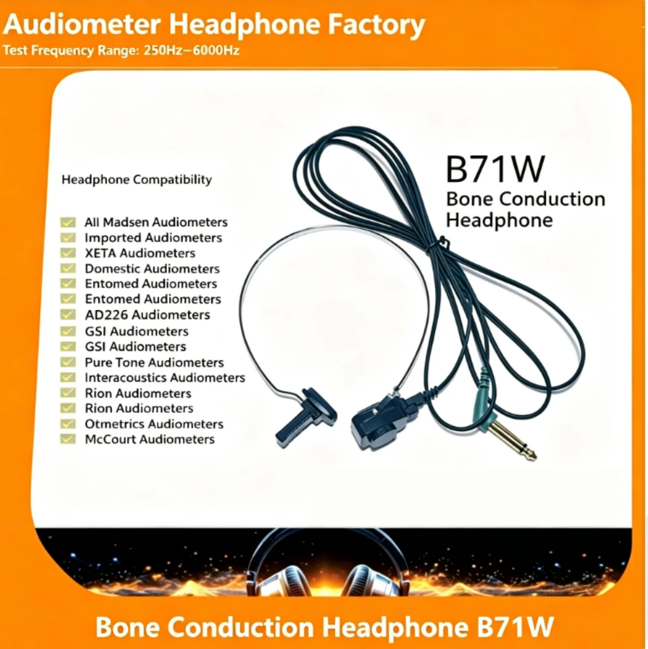 B71W Bone Conduction Transducer Audiometer 6.35mm Standard Audio Jack Hearing Screening Test Device Universal Replacement Spare